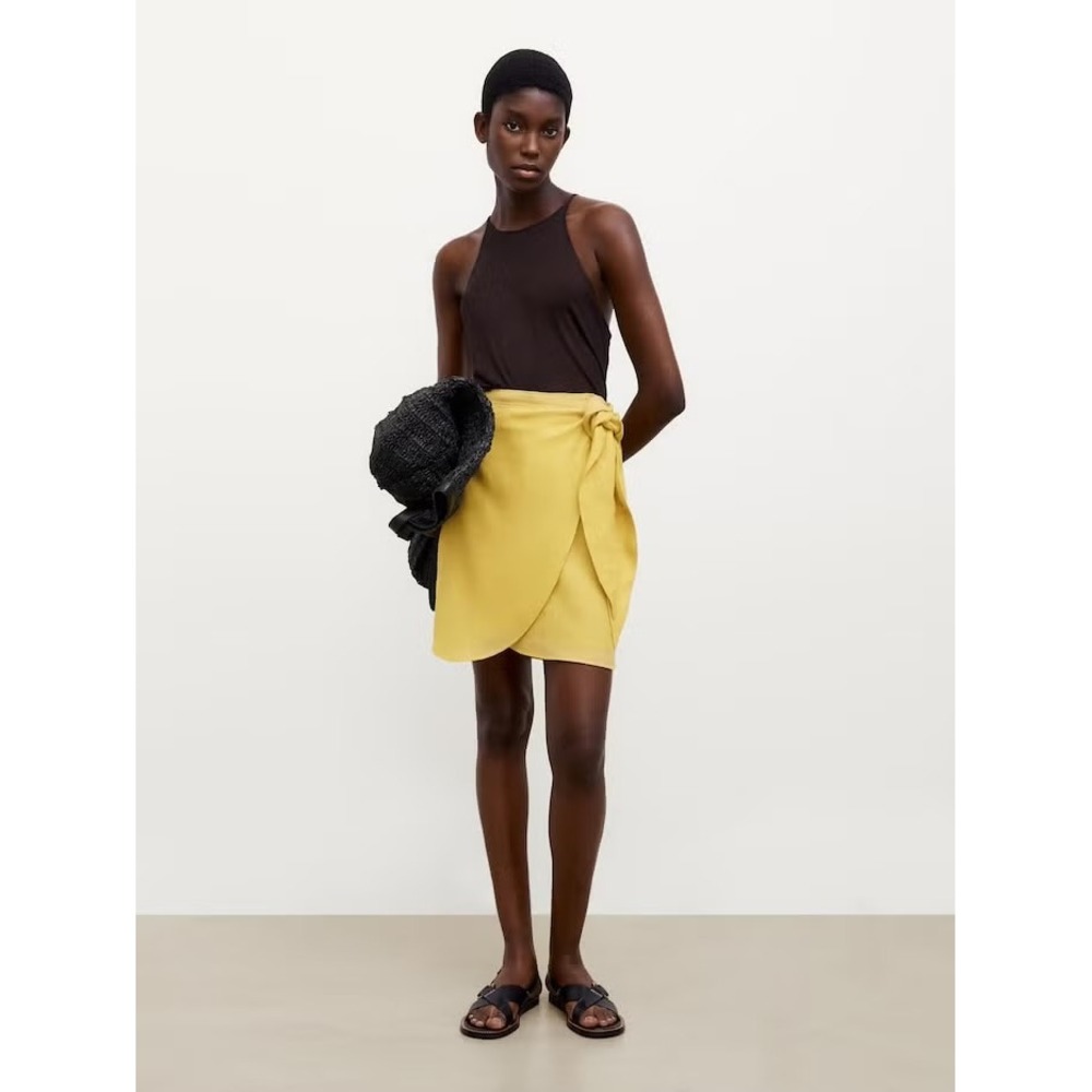 Massimo Dutti Mustard Yellow Linen Wrap Mini Skirt Side Tie Size S